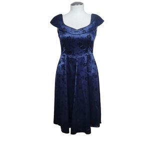 MUXXN Retro Style Swing Dress Womens XL Blue Black Velvet Floral Burnout Satin